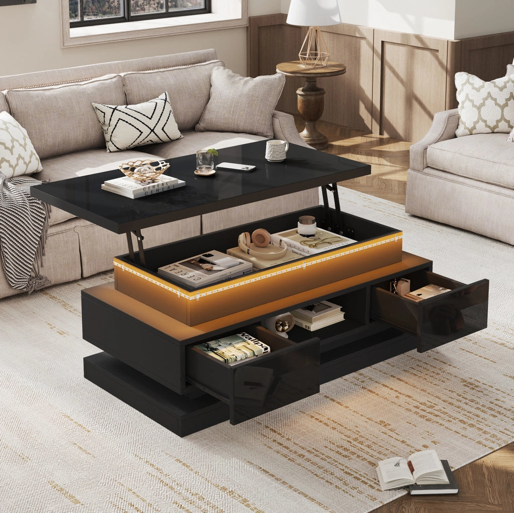 Tavolino da salotto sollevabile 100 x 50 x 40 cm in truciolare nero lucido con LED e 2 cassetti
