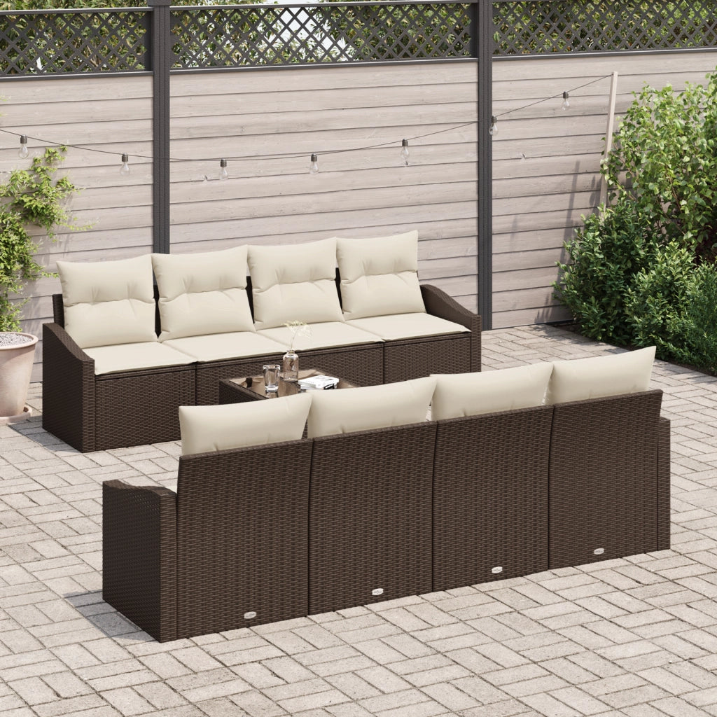 Set di divani da giardino 9 pezzi con cuscini marrone polyrattan