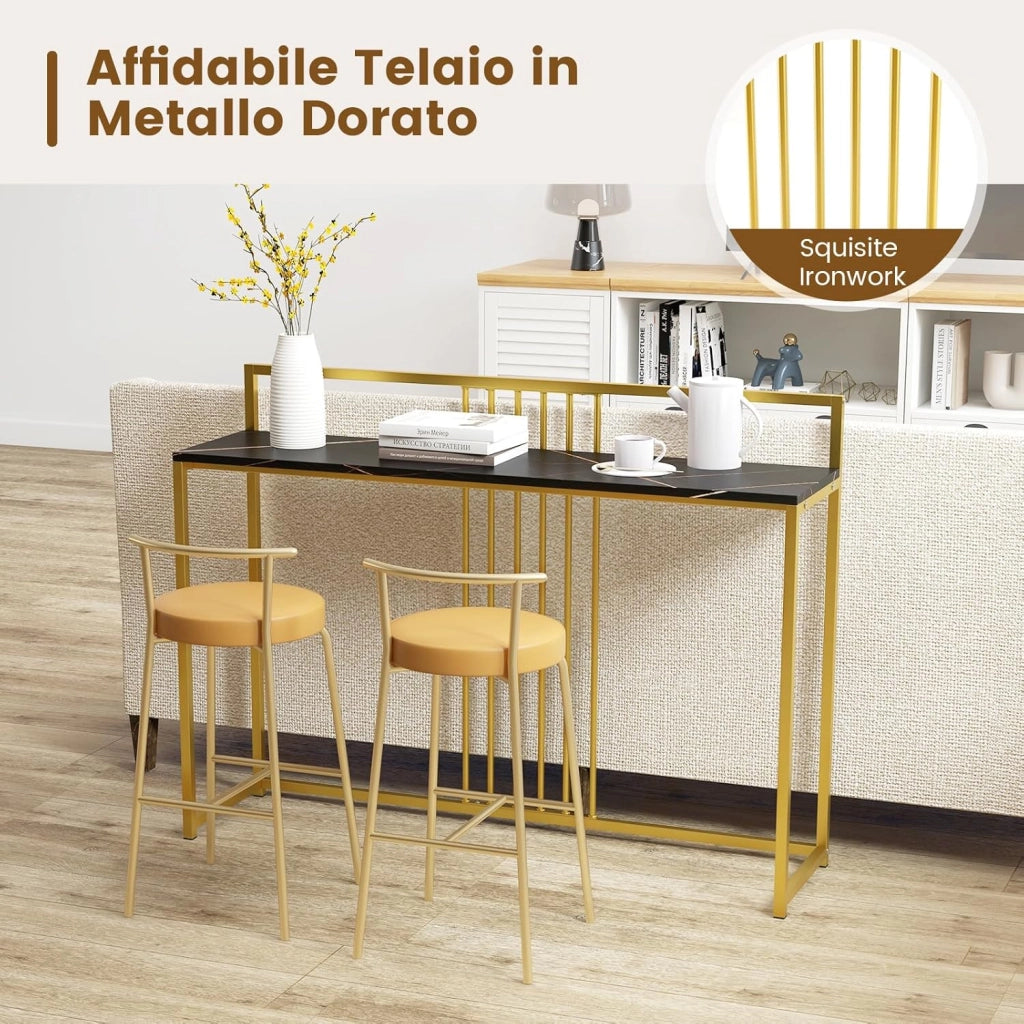 Tavolo Consolle 120 cm, Tavolo d’Ingresso con Piano Effetto Marmorino e Sponda, Consolle con Struttura in Metallo Dorato per Salotto, Corridoio e Ingresso (Nero)