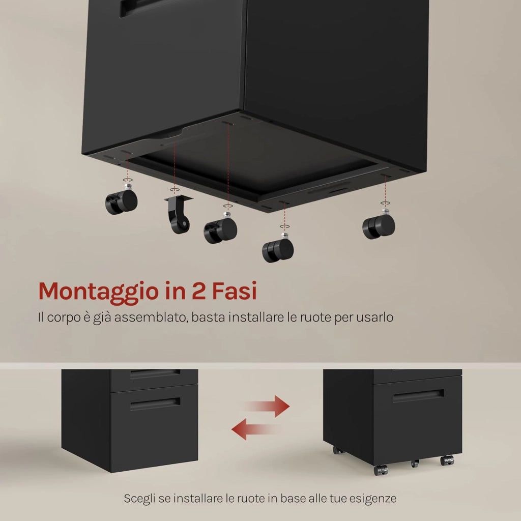Cassettiera da Ufficio Scrivania Studio con Rotelle Mobiletto con 3 Cassetti e Serratura per Documenti Cartelle Sospese Cancelleria, Pre-Assemblato, metallo Nero SK023sz