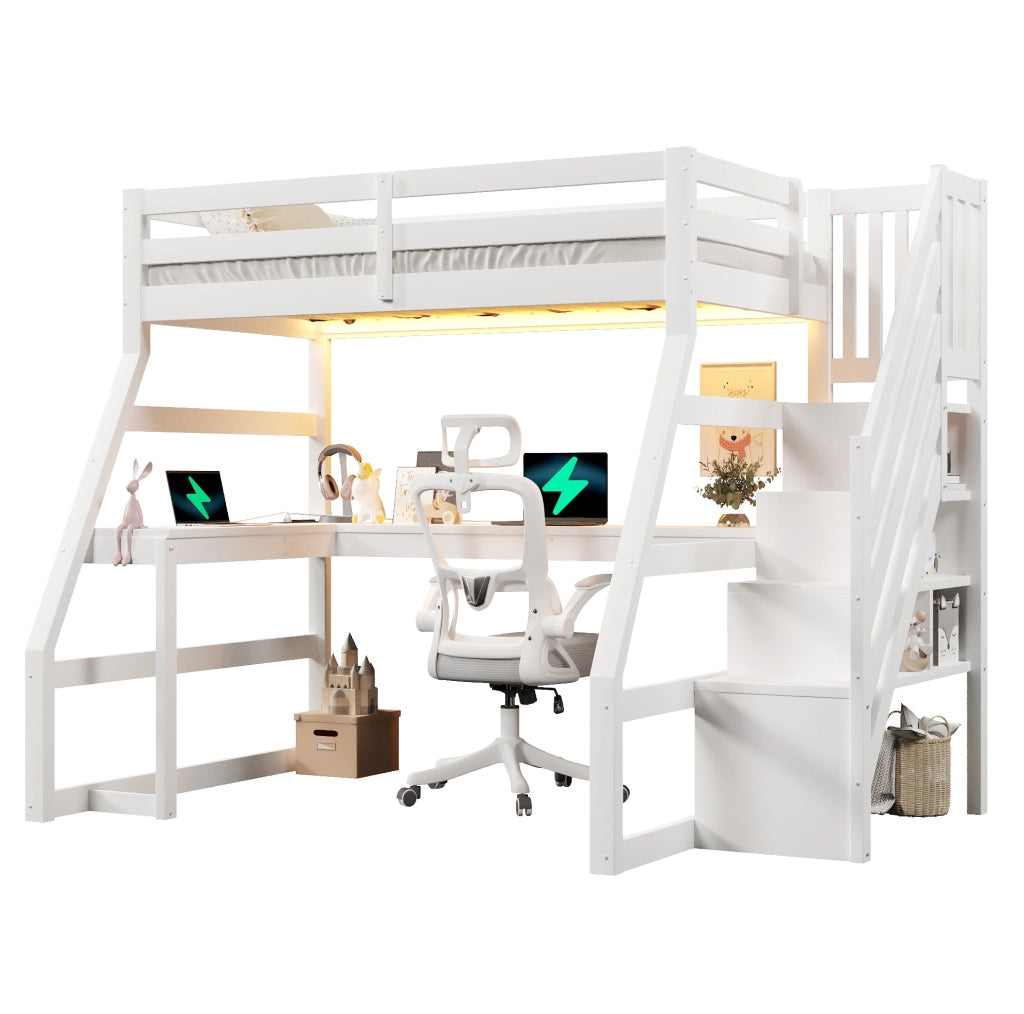 Letto a soppalco 90x200 cm con scrivania; LED e scala contenitore in MDF; pino e compensato bianco