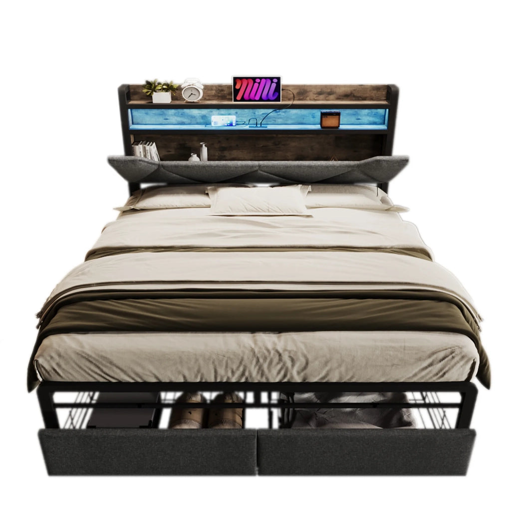 Letto matrimoniale imbottito 140x200 cm con LED; USB-C; testiera contenitore; 2 cassetti e rete; grigio