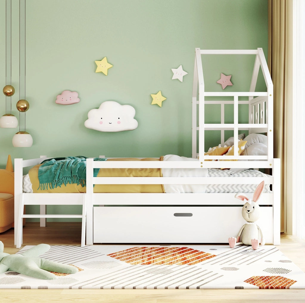 Letto a castello per bambini 207x97x159 cm con scala e cassetto; legno; bianco