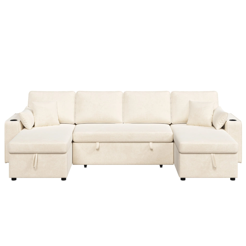 Divano Angolare con Funzione Letto ¨C MINIMAL ¨C Beige, Chaise Longue, Contenitore, USB