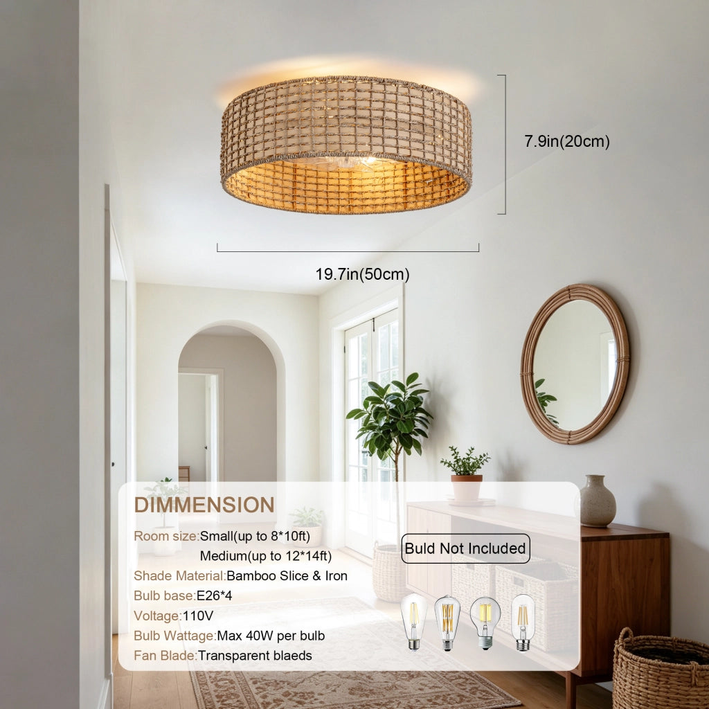 Ventilatore da soffitto 19 pollici con luce, motivo quadri rattan, doppio controllo app e telecomando, 6 velocit¨¤ reversibili, moderno