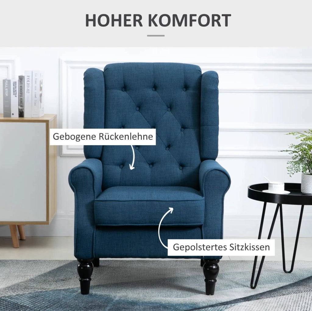 Poltrona ad orecchioni imbottita blu con schienale alto e gambe in legno