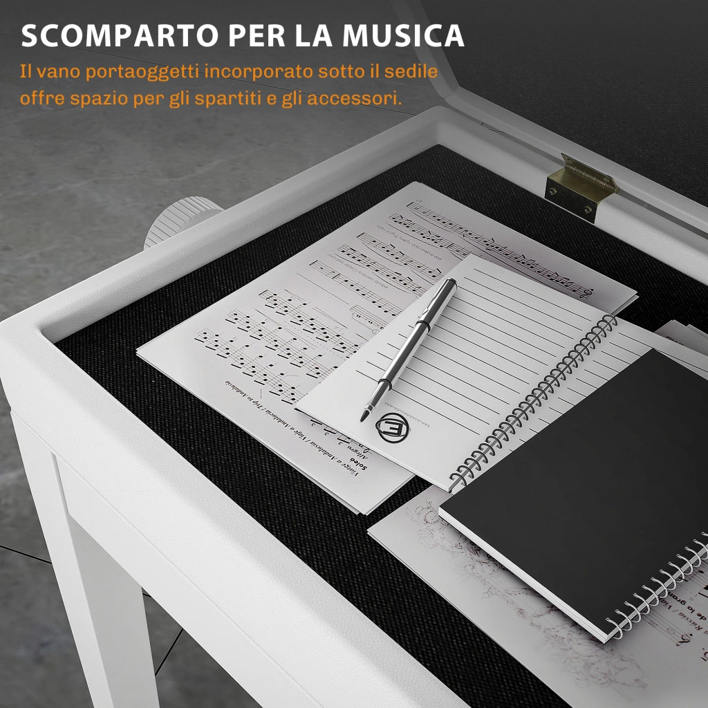 Sgabello Pianoforte Regolabile con Vano Portaoggetti e Seduta Imbottita. 54.5x33x48-58 cm. Bianco