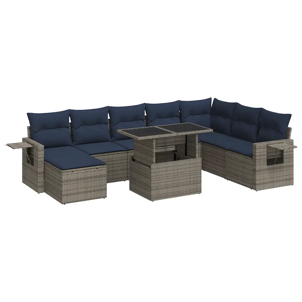 Set Divano da Giardino 9pz con Cuscini Grigio Polyrattan Acacia