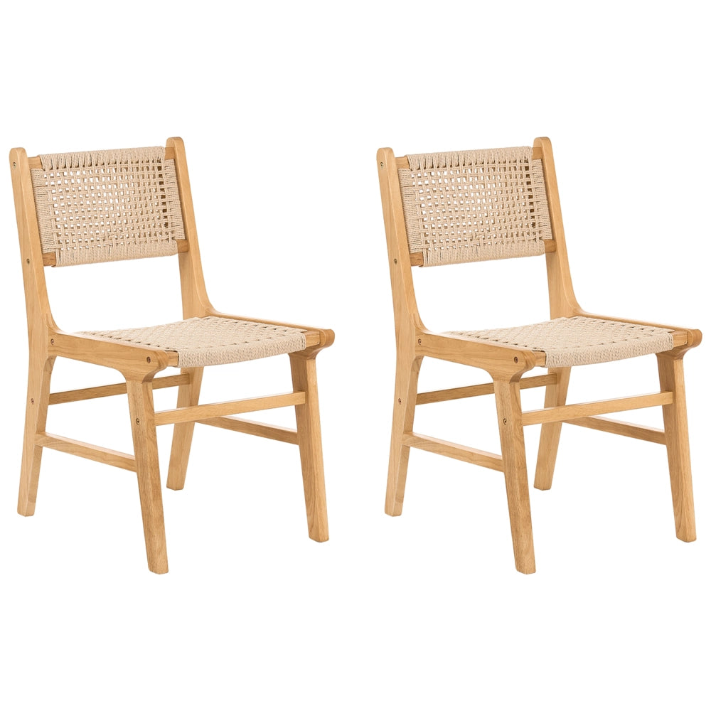Set di 2 sedie da pranzo marrone e beige Struttura in legno di gomma beige Seduta e schienale in corda di carta Sala da pranzo Boho