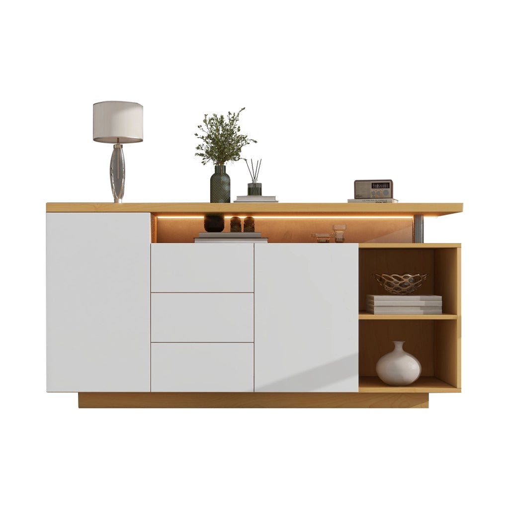 OKWISH Madia con 2 Ante, 3 Cassetti e 2 Vani Aperti, LED e Ripiani Regolabili, per Soggiorno, 140 x 40 x 70 cm