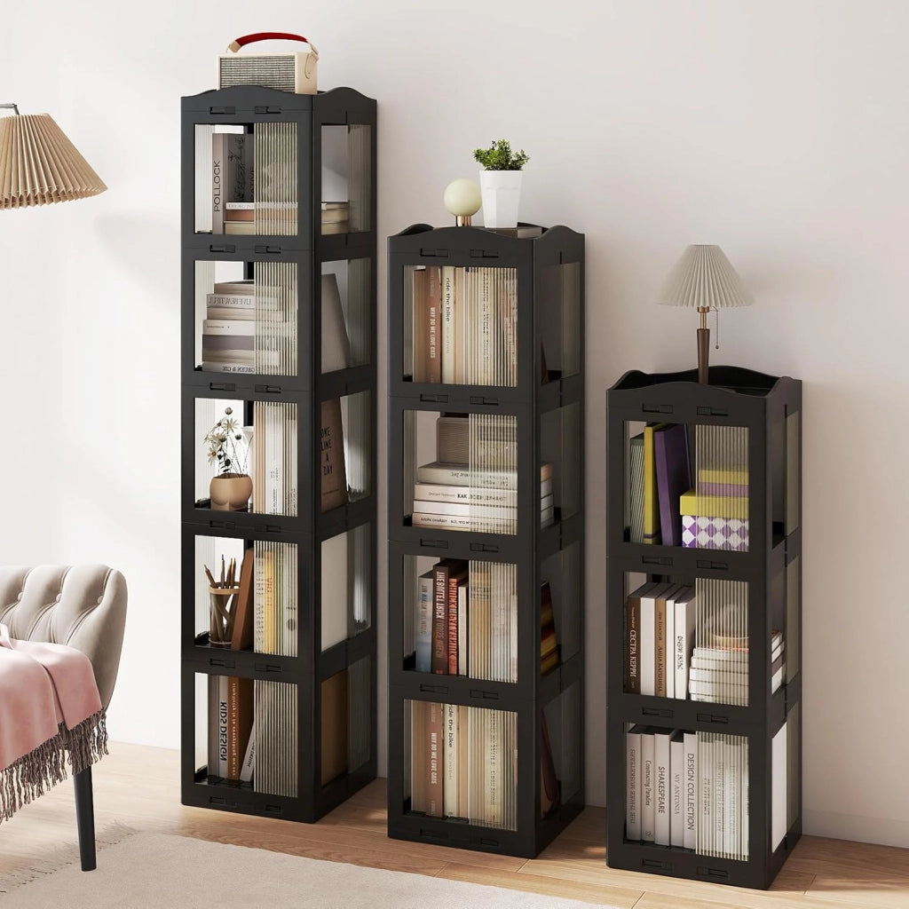 Libreria Girevole Pieghevole, Scaffale Traslucido Girevole a 360° con Base Rotante, Scaffale Alto Angolare da Esposizione per Soggiorno, Studio (Nero,5 Livelli)