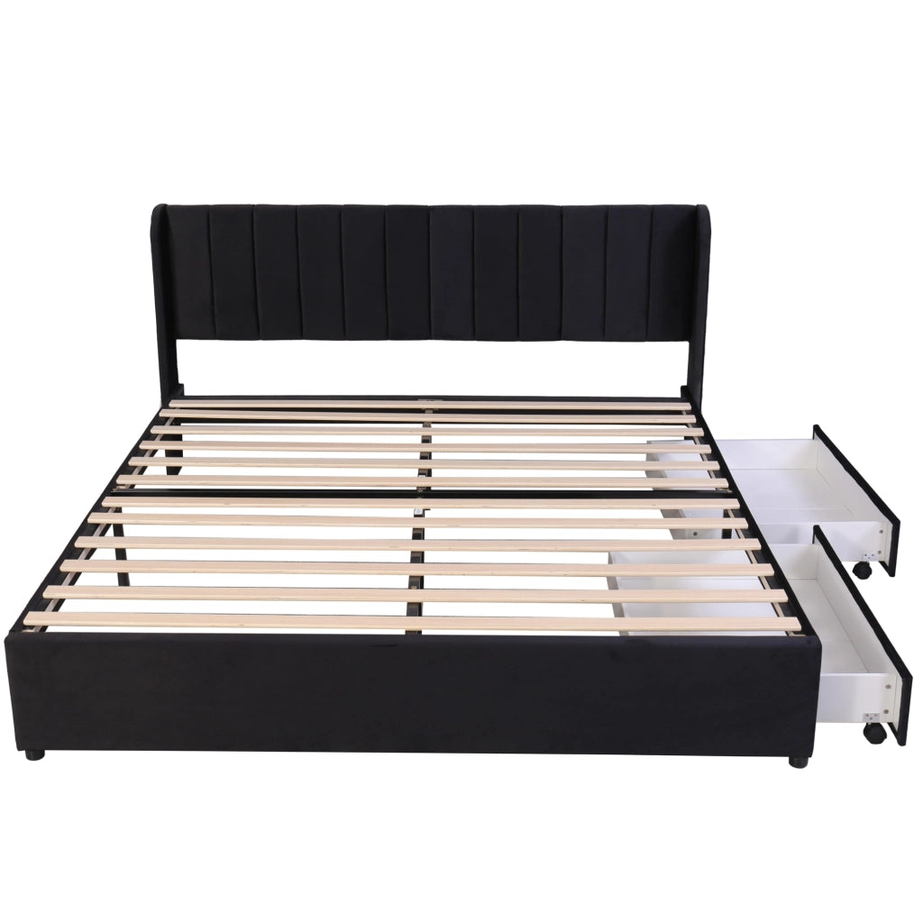 Letto imbottito 180x200 cm in velluto nero con rete a doghe e 2 cassetti