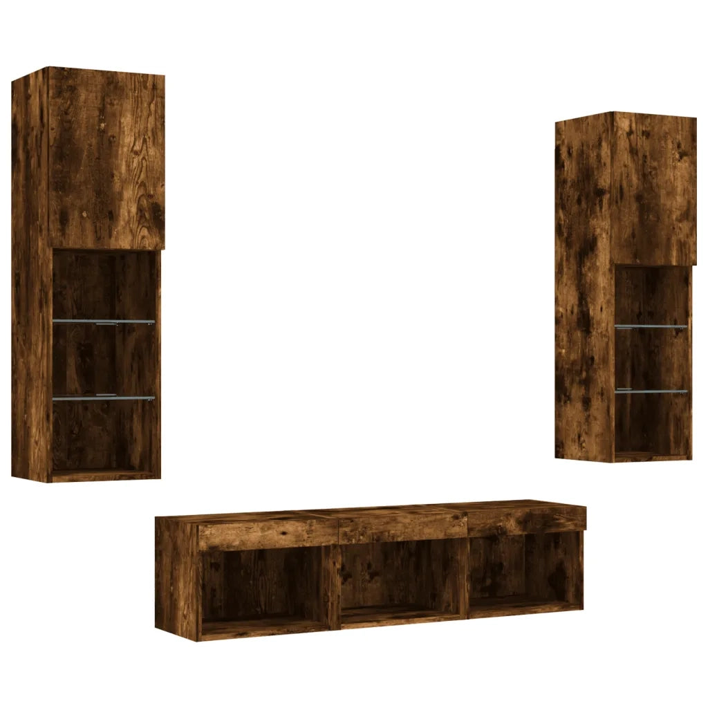 Mobili TV a Muro con LED 5 pz-Credenza per TV sospesa Rovere Fumo in Legno Multistrato 674711