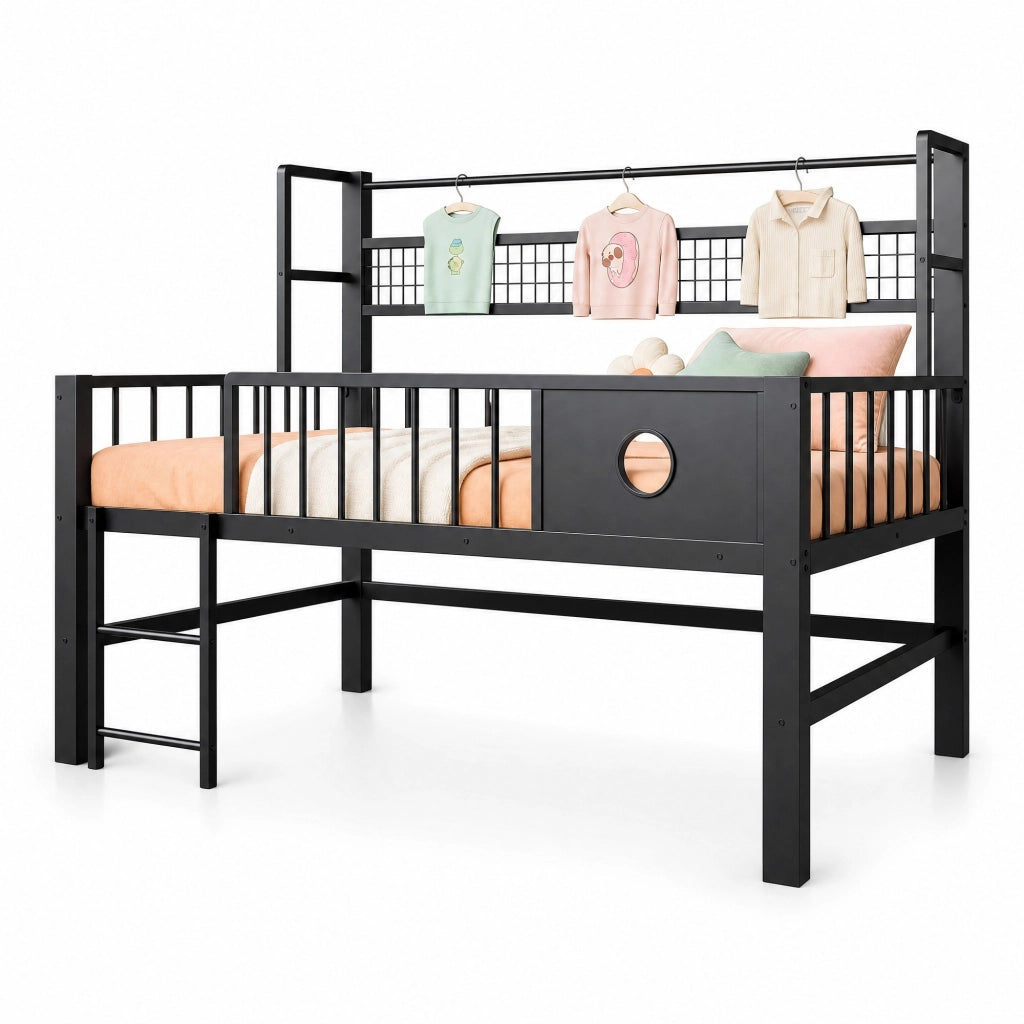 Letto a soppalco basso per bambini 90x200 cm con struttura in metallo; ripiani e barra appendiabiti; nero