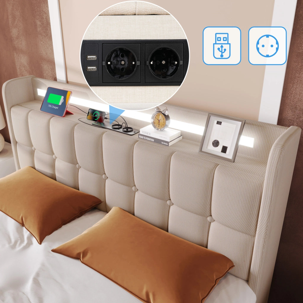 Letto matrimoniale imbottito 180x200 cm con USB; LED e 4 cassetti; beige