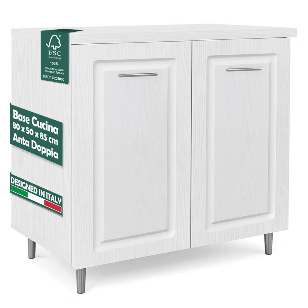 Mobile Base per Cucina Componibile Legno Boiserie Bianco Frassinato con 2 Ante