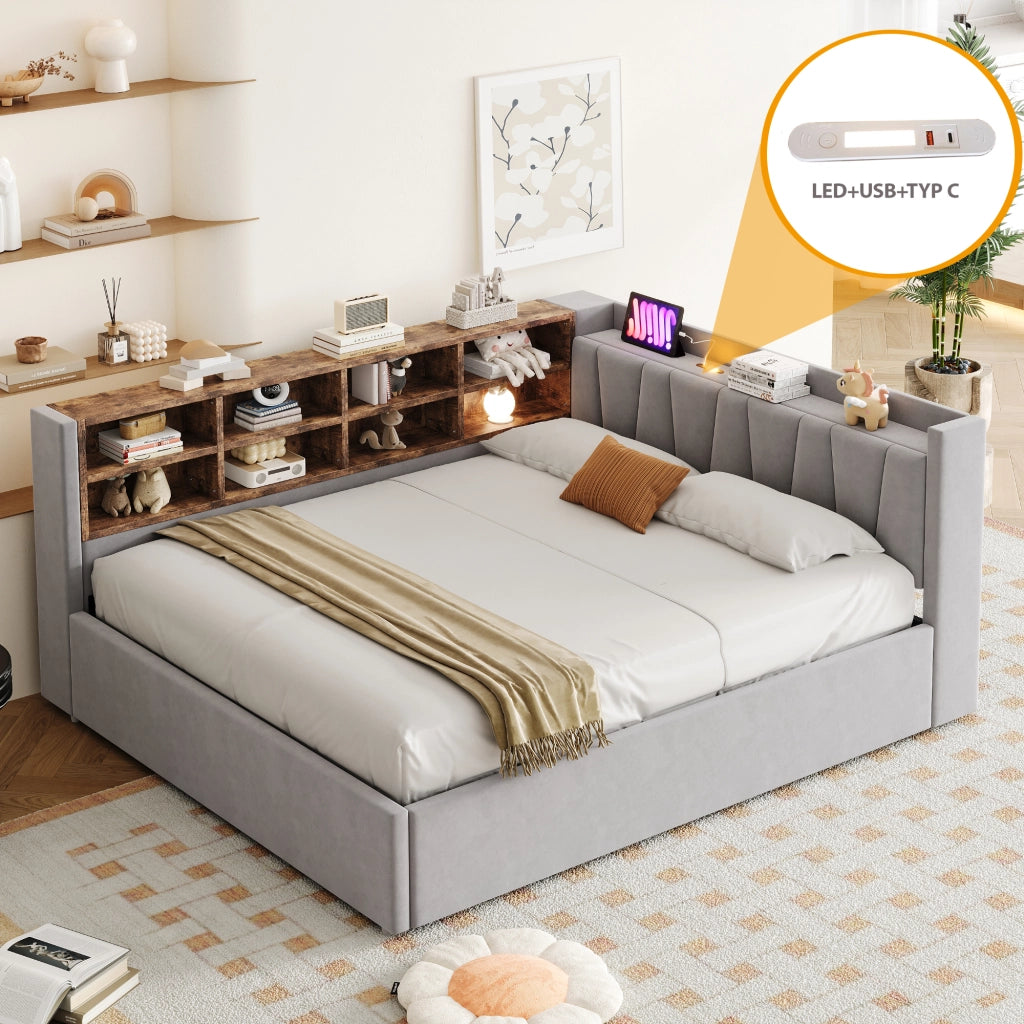 OKWISH Letto Contenitore 140×200 cm, Letto Matrimoniale con USB, Type C, Luce da Lettura e Mensole, senza Materasso, in Velluto, Grigio Chiaro