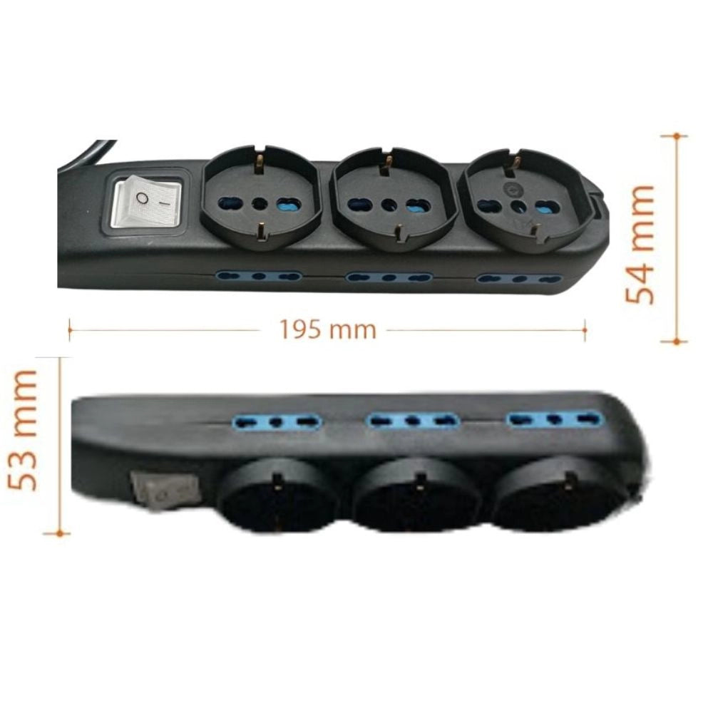 Multipresa 9 posti con 3 uscite polivalenti e 6 bipasso 10/16a lunghezza 1.5mt