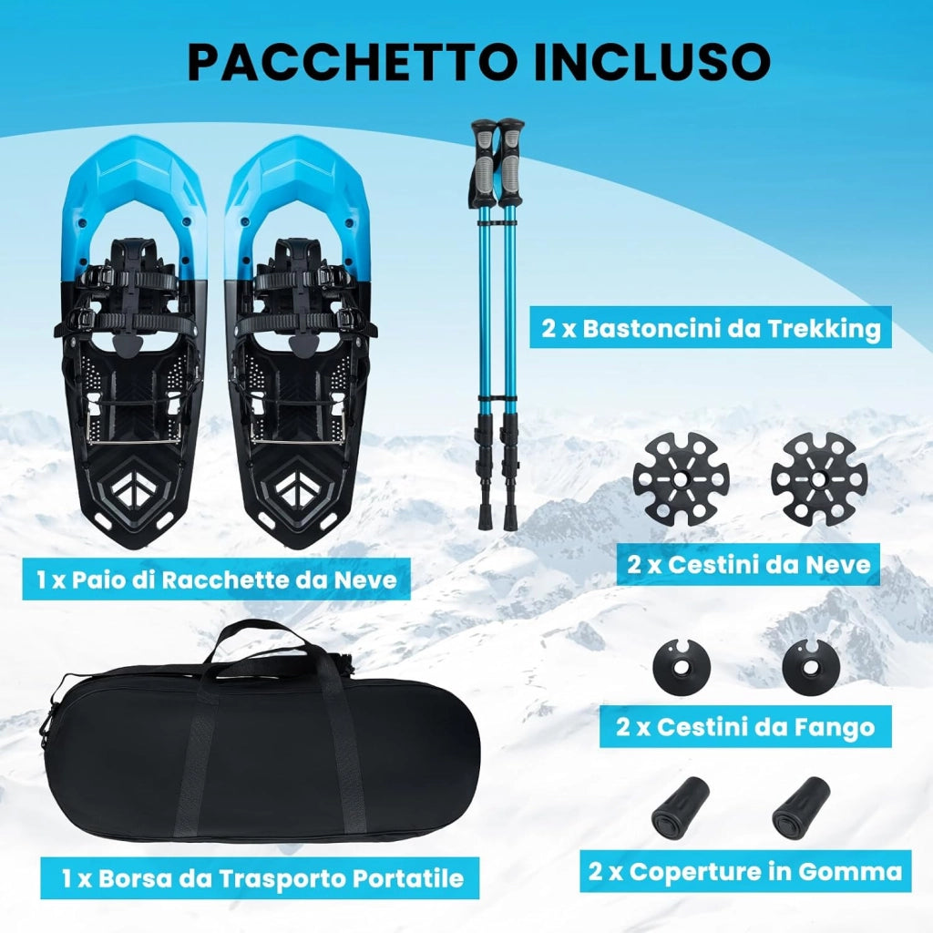 Set Racchette da Neve 35-45 per Uomo, Donna e Gioventù, Bastoncini da Trekking Telescopici 95-135 cm con Punte in Tungsteno, Dischi Neve e Dischi Fango, Ciaspole da Neve Leggere con Borsa