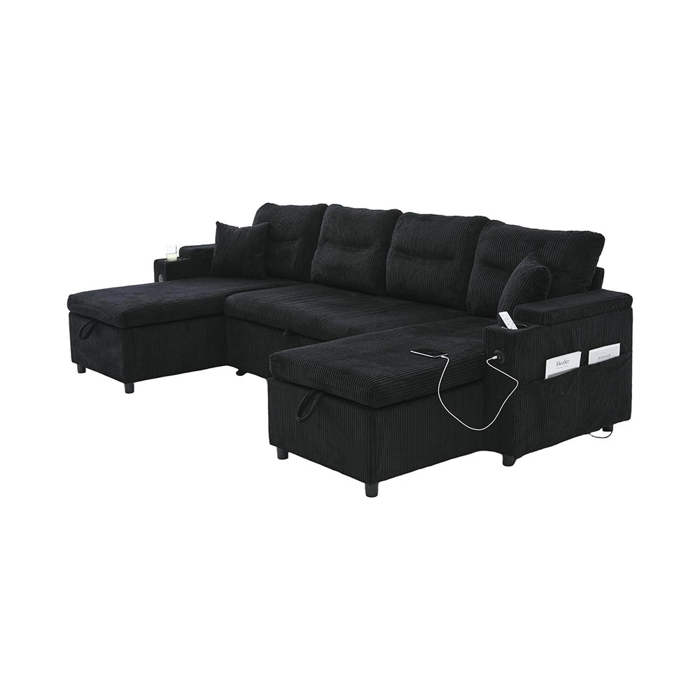 Divano moderno in velluto per 4 persone - Xylo - Chaise longue, spazio di archiviazione, porta bevande, porte USB, funzione letto, Nero