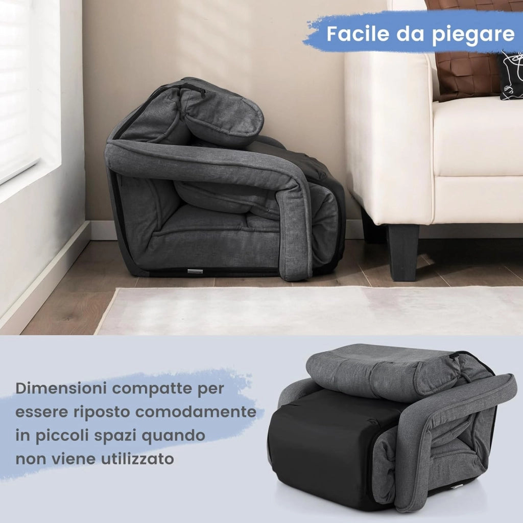 Poltrona Salotto da Terra, Sedie Pieghevoli Imbottita Chaise Longue Reclinabile in 5 Posizioni, con Regolabili Braccioli Schienale, per Yoga Relax Meditazione, 195x73x19 cm (Grigio scuro)