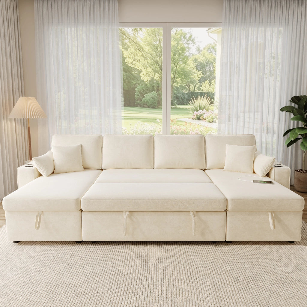 Divano Angolare con Funzione Letto ¨C MINIMAL ¨C Beige, Chaise Longue, Contenitore, USB