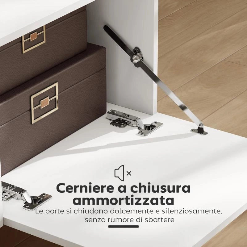 MOBILE TV 70" MAX CON 2 ANTE A RIBALTA, CASSETTO E SCAFFALE APERTO, IN LEGNO, 150X35X45 CM, BIANCO E COLOR LEGNO