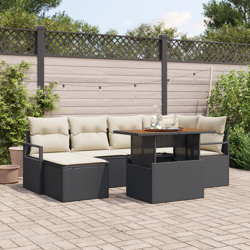 Set divano da giardino 7 pezzi con cuscini Nero Polyrattan Acacia