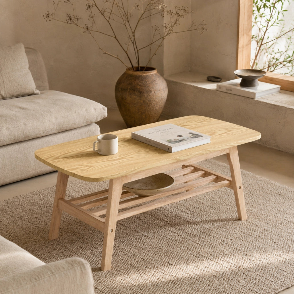 Tavolino basso con 2 ripiani contenitore e base in legno massiccio per soggiorno stile moderno 110 × 58 × 19 cm
