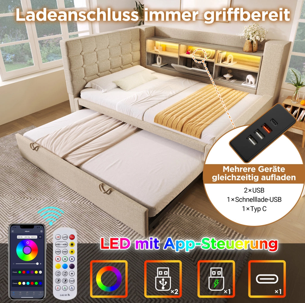 Letto imbottito 90x200 con letto estraibile, LED e ricarica