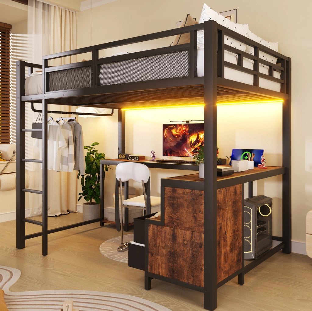 Letto a soppalco ULEVR 140x200 cm con scrivania, ripiani, barra appendiabiti, LED e USB, nero