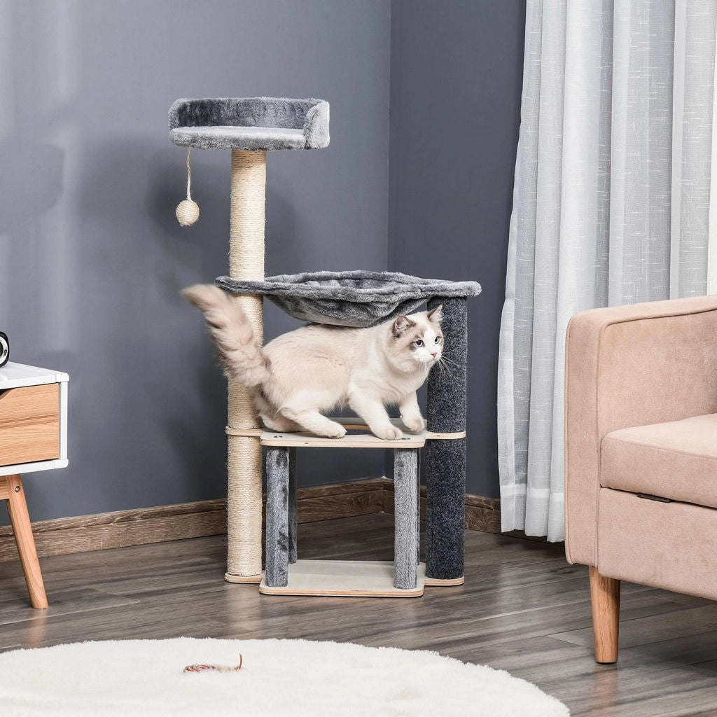 ALBERO TIRAGRAFFI MULTILIVELLO PALESTRA PER GATTI CON CASETTA, AMACA, CUCCIA E CORDE IN SISAL, 48X34X95CM, GRIGIO
