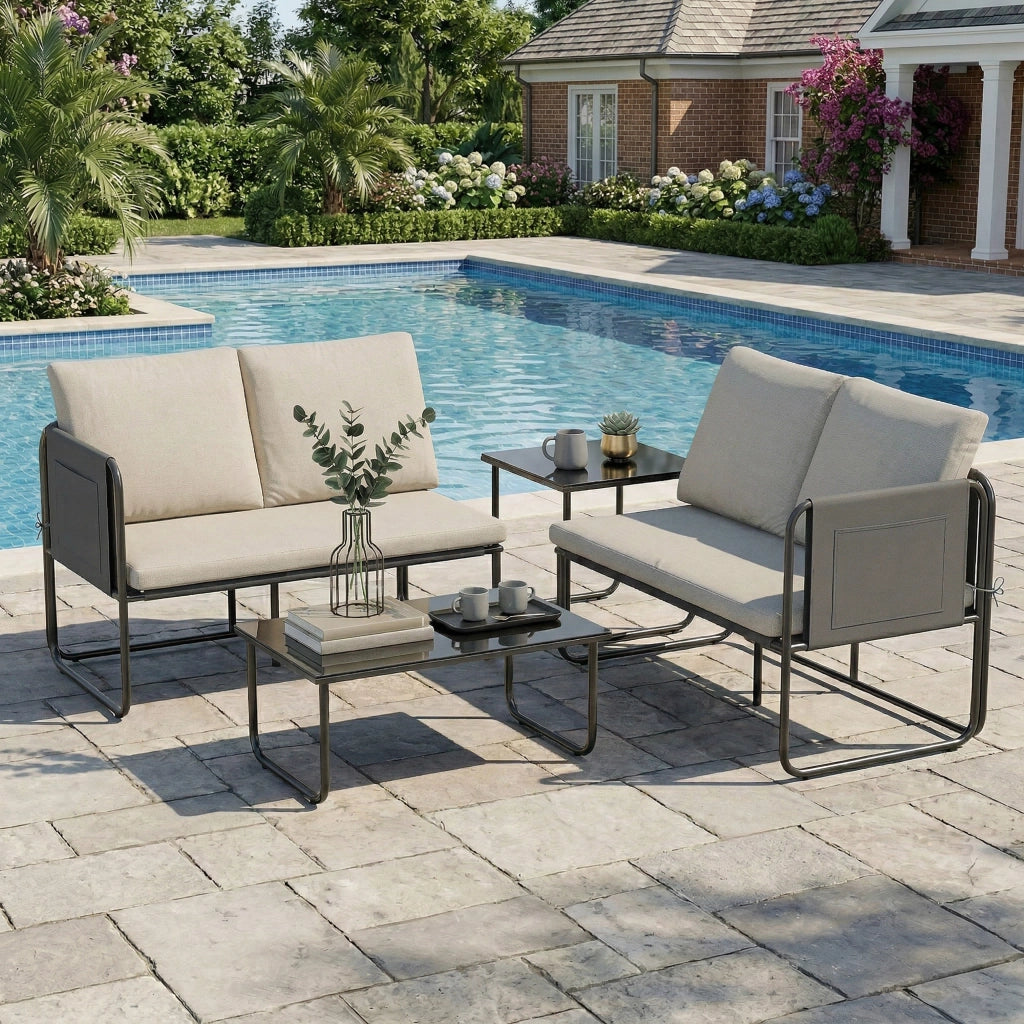Set giardino esterno 4 pezzi ¨C zephmum ¨C 2 divani 2 posti 2 tavolini vetro cuscini copridivano caqui