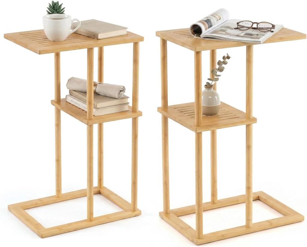 Set di 2 Tavolini Bassi in Bambù, Tavolino da Salotto con 3 Ripiani e Piano Semicircolare, Tavolo Laterale per Soggiorno, Camera da Letto, Carico 20 KG, 30 X 30 X 60,5 CM (Modelli 3, 2)