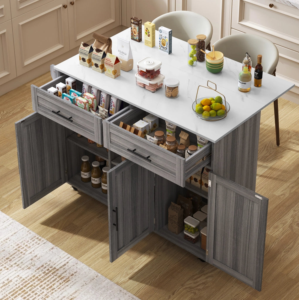 Carrello da cucina con piano pieghevole 129x46(71)x91;5 cm in MDF bianco e grigio
