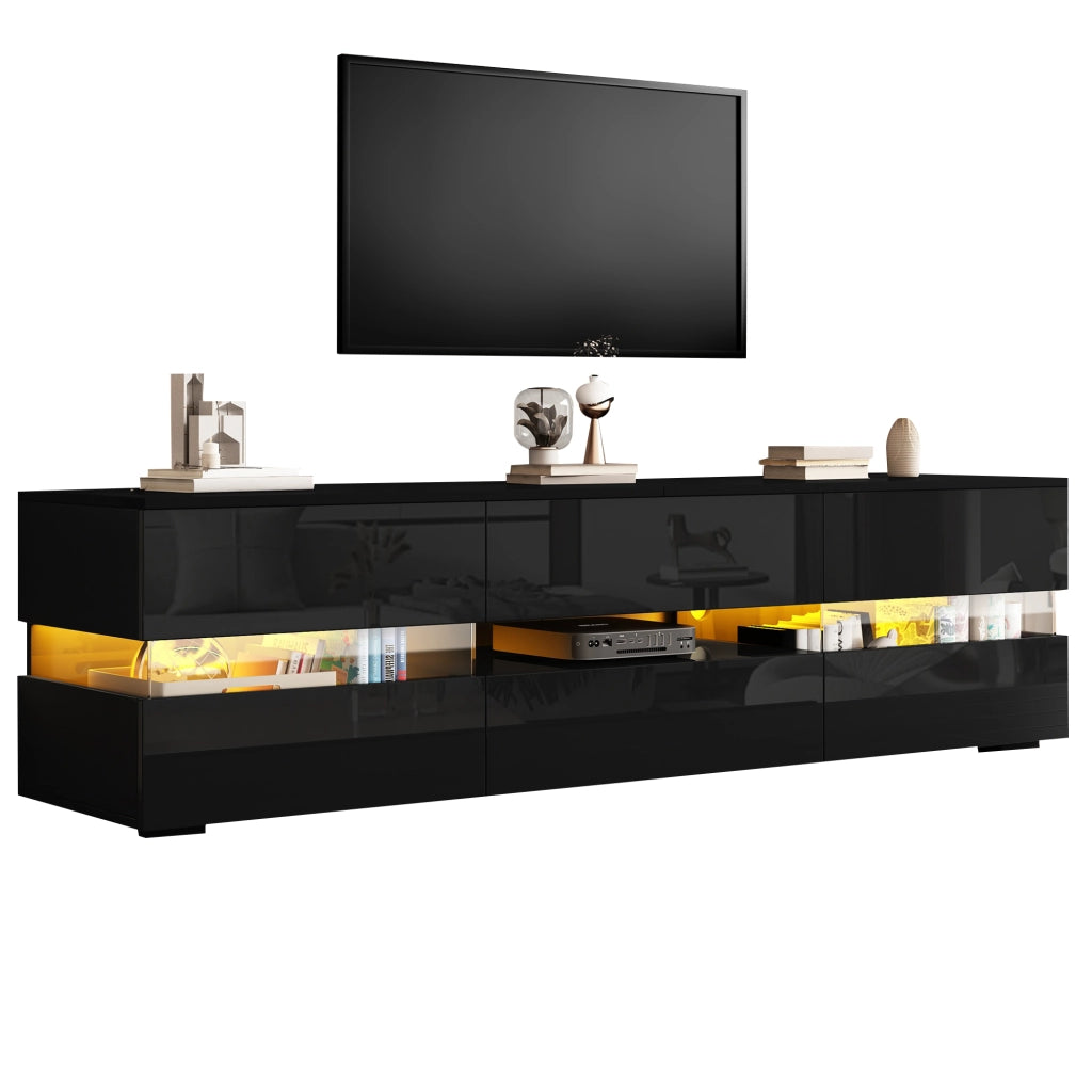 Mobile porta TV con LED, 2 ante, 1 cassetto e vano aperto, per soggiorno, in truciolato nero 160 × 39 × 45 cm