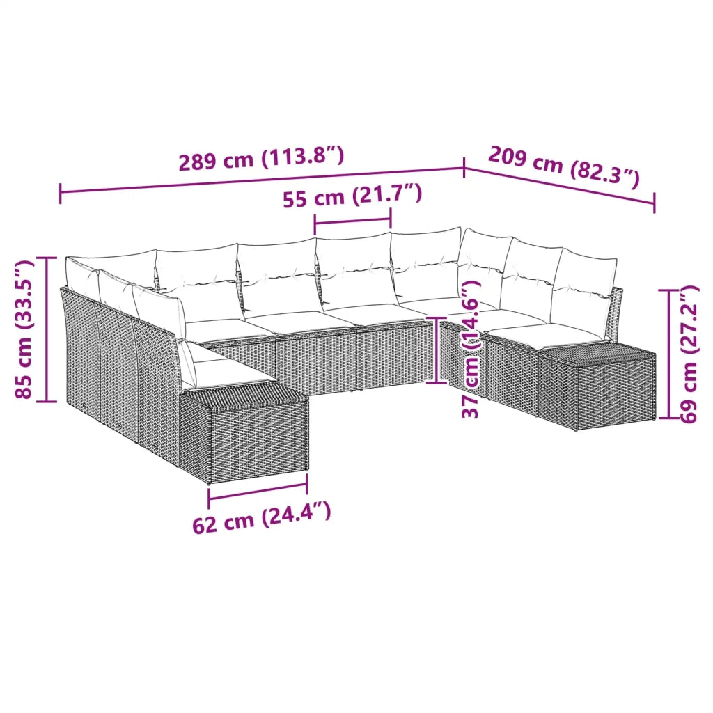 Set Divano da Giardino con cuscino 9 pcs Marrone polyrattan