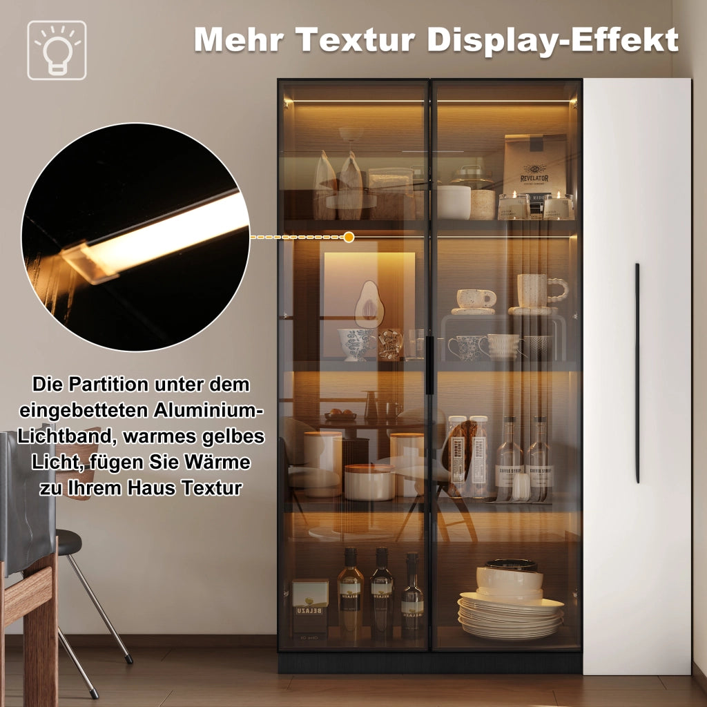 Vetrina Libreria con Anta in Vetro e LED; Ripiano Laterale Estraibile con Ruote; MDF; Nero e Bianco; 110;5??35??160 cm