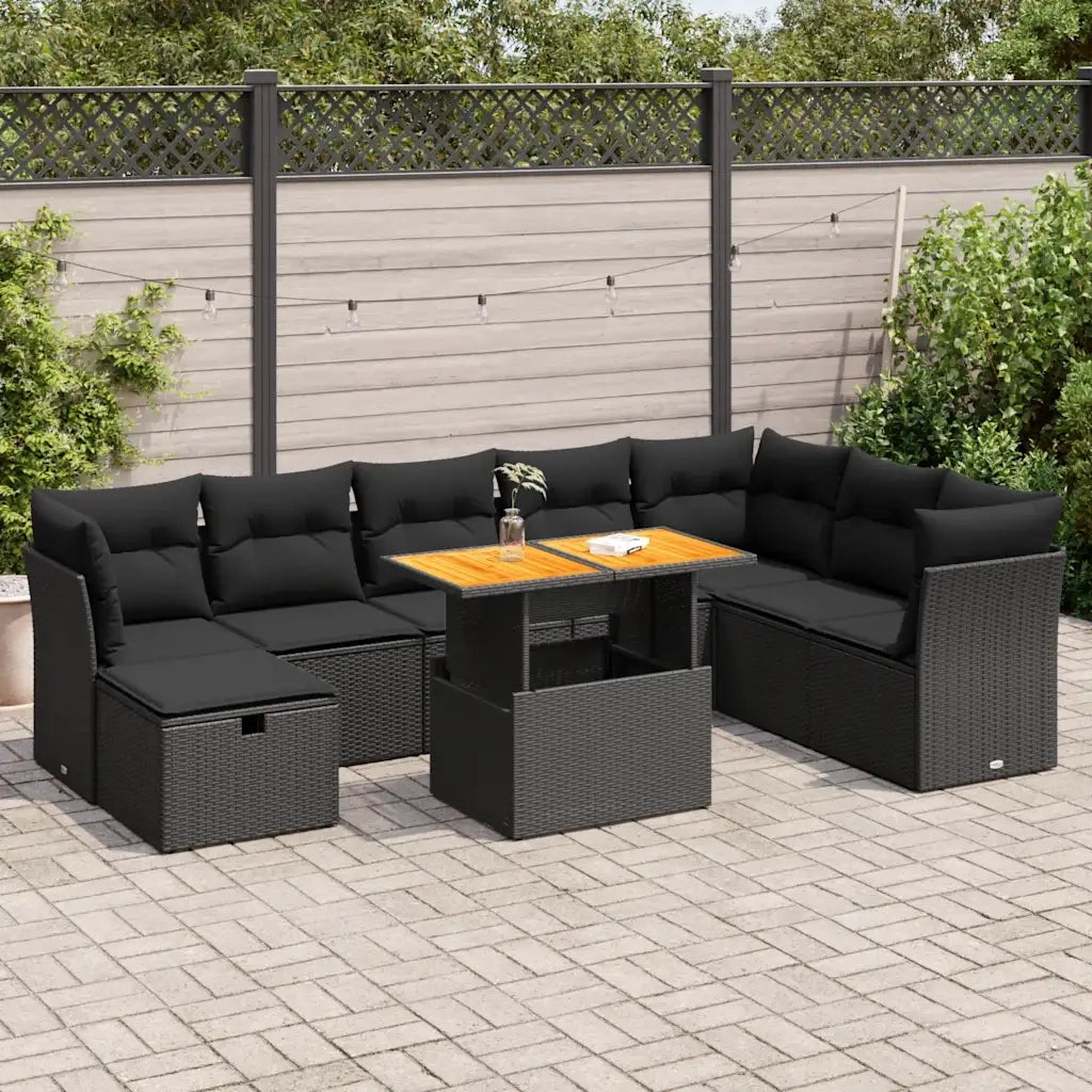 vidaXL Set Divani da Giardino 9 pz con Cuscini Nero Polyrattan Acacia