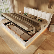 Letto matrimoniale contenitore 160x200 cm con LED e prese USB/Type-C in chenille beige