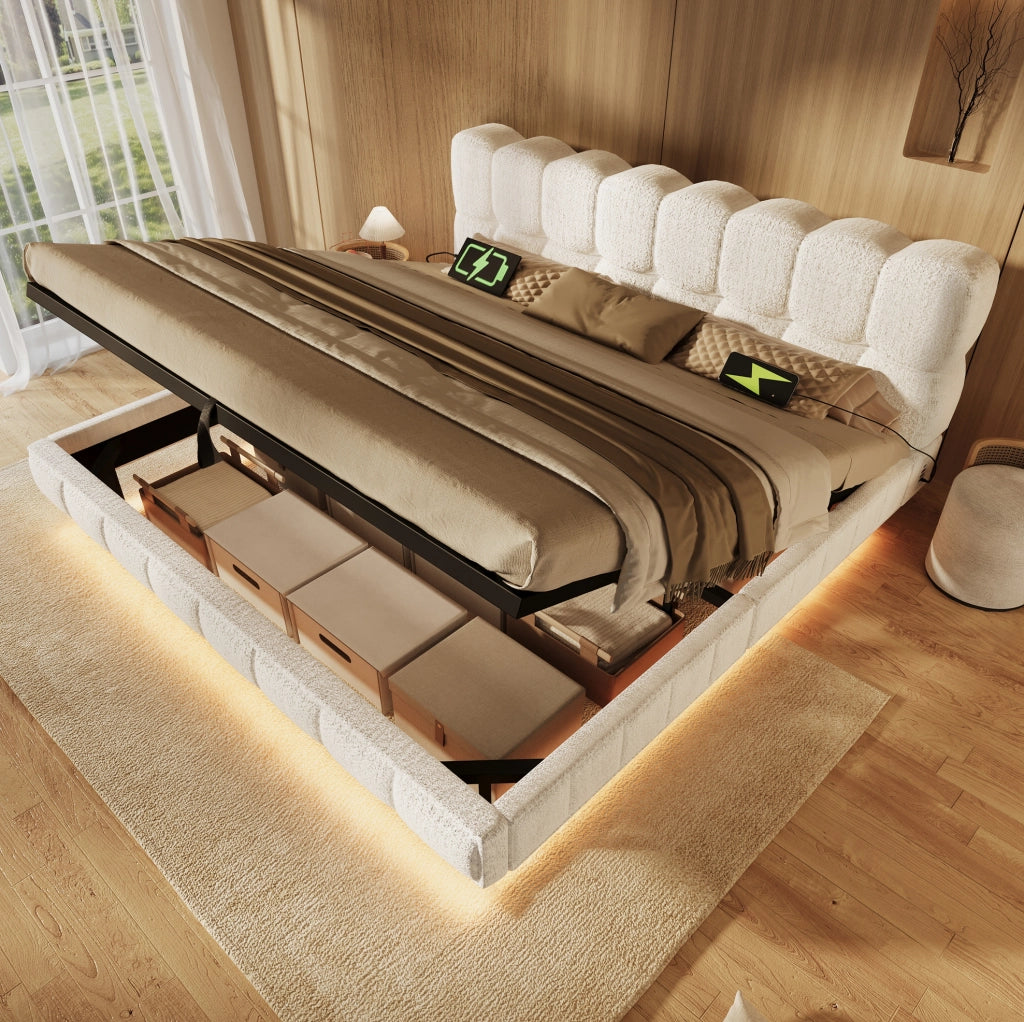 Letto matrimoniale contenitore 160x200 cm con LED e prese USB/Type-C in chenille beige