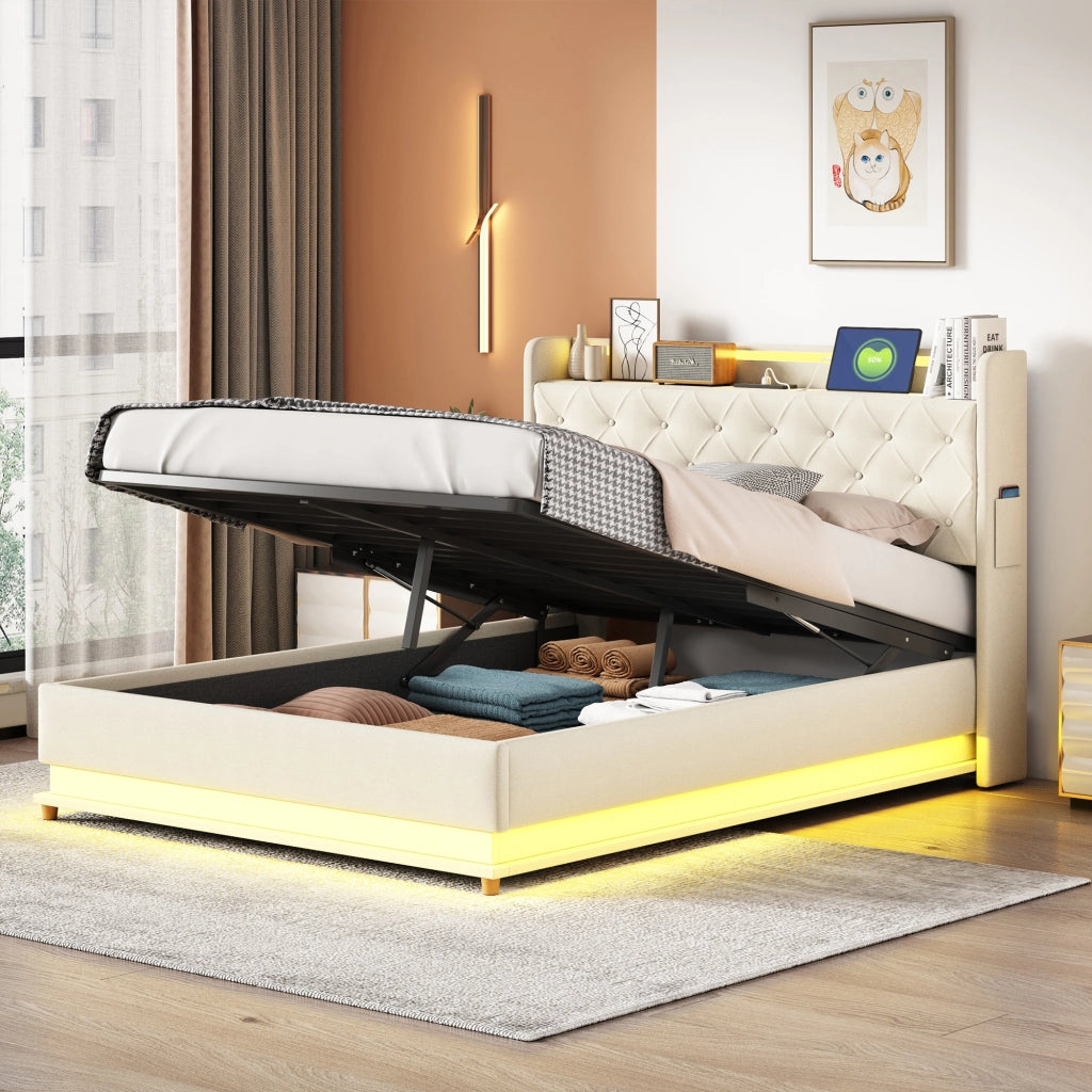 OKWISH Letto Contenitore 140×200 cm, Letto Matrimoniale con LED Multicolore, USB e Vano con Apertura Idraulica, senza Materasso, Beige