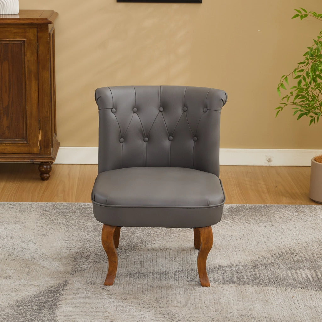 Sedia da pranzo in pelle pieno fiore con bottoni decorativi e gambe in legno massello, grigio 64 × 59 × 50 cm