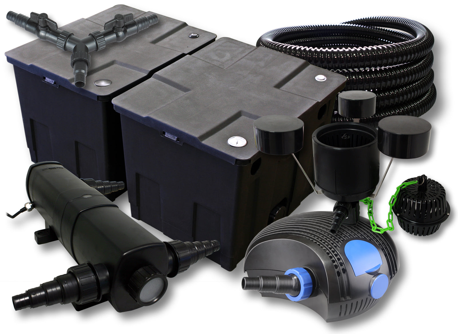 set laghetti filtro 60000l chiarificatore 18W pompa 100W tubo 25m skimmer