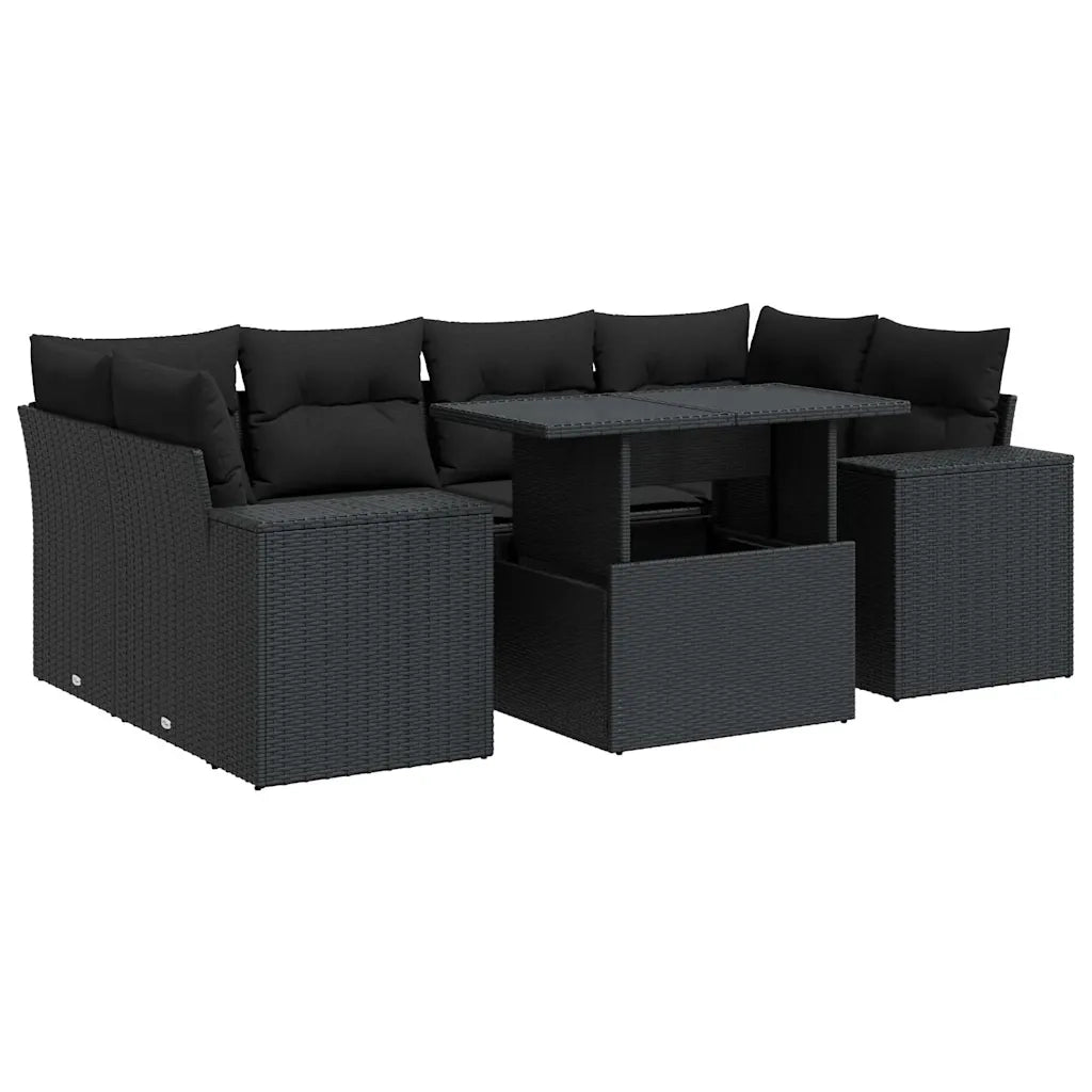 Set Divani da Giardino con Cuscini 7pz Nero Polyrattan