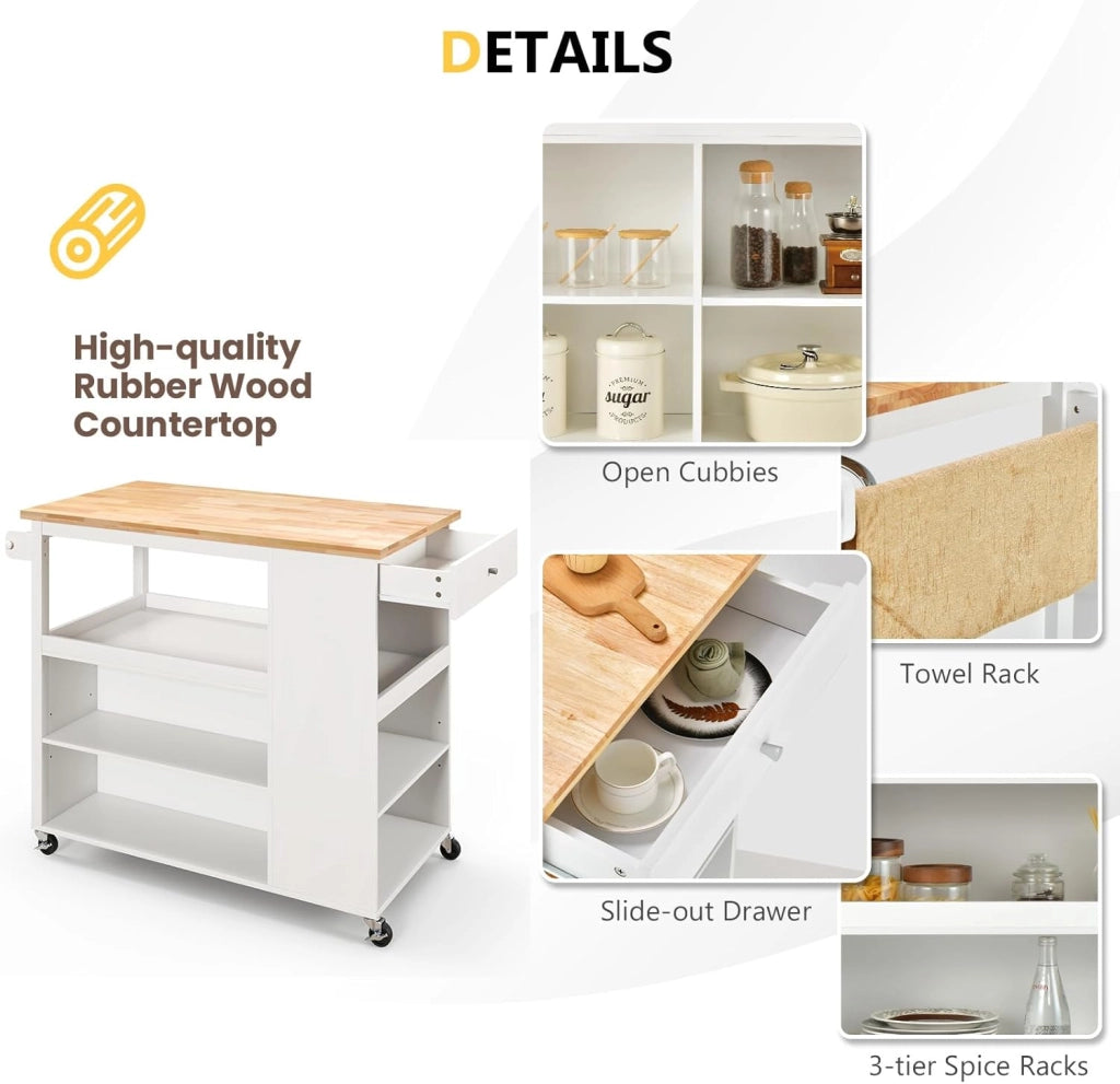 Carrello da cucina con Ruote, Isola da Cucina in Legno con 8 Scomparti, Piano, Cassetto, Portaspezie, Portasciugamani, Carrello di Servizio Multifunzione, 116,5 x 60 x 98,5 cm (Bianco)