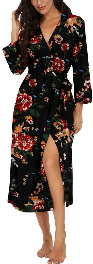 Badjas per donne, camicia da notte lunga morbida, V-collo camicia da notte, kimono da bagno informale (FP-bruno nero, S)