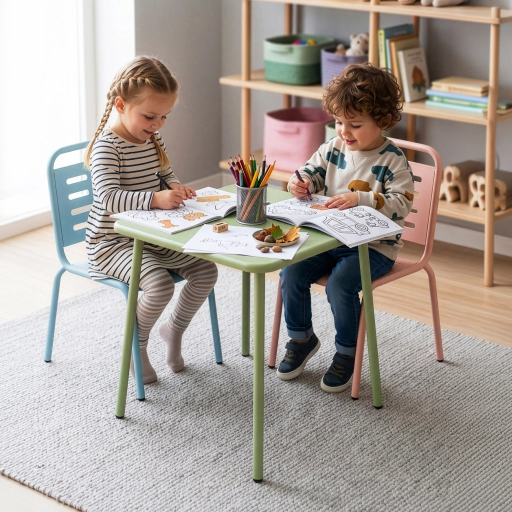 Set di 3 Mobili Etroubles per Bambini Tavolino e 2 Sedie per Esterno e Interno - Verde Salvia/Celeste/Pesca casa.pro