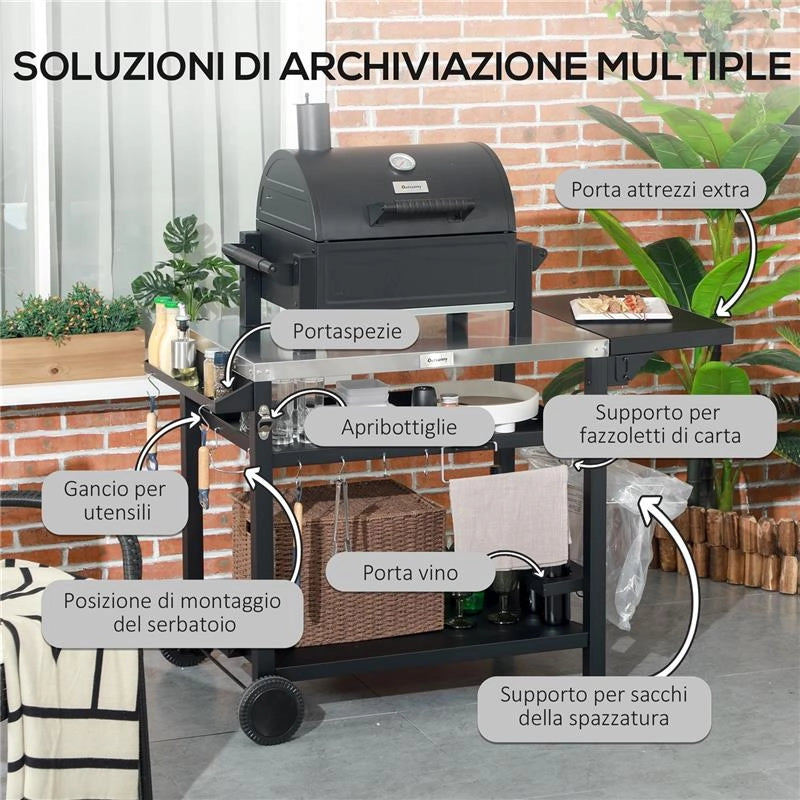 CARRELLO BARBECUE CON TAVOLINO PIEGHEVOLE IN ACCIAIO INOX 2 RUOTE E ACCESSORI 125X65X84 CM NERO