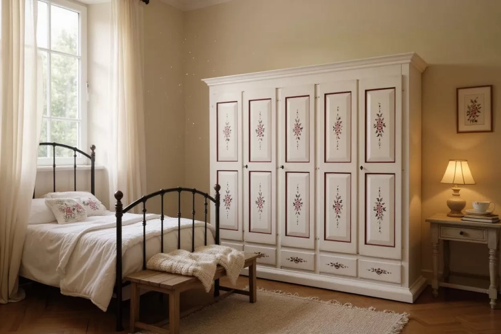 Armadio shabby 5 porte legno bianco anticato decorato filo marrone 254x61x240 - Mobili 2G